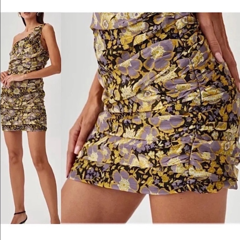 Zara Floral One Shoulder Mini Dress purple gold floral size small - Picture 9 of 12
